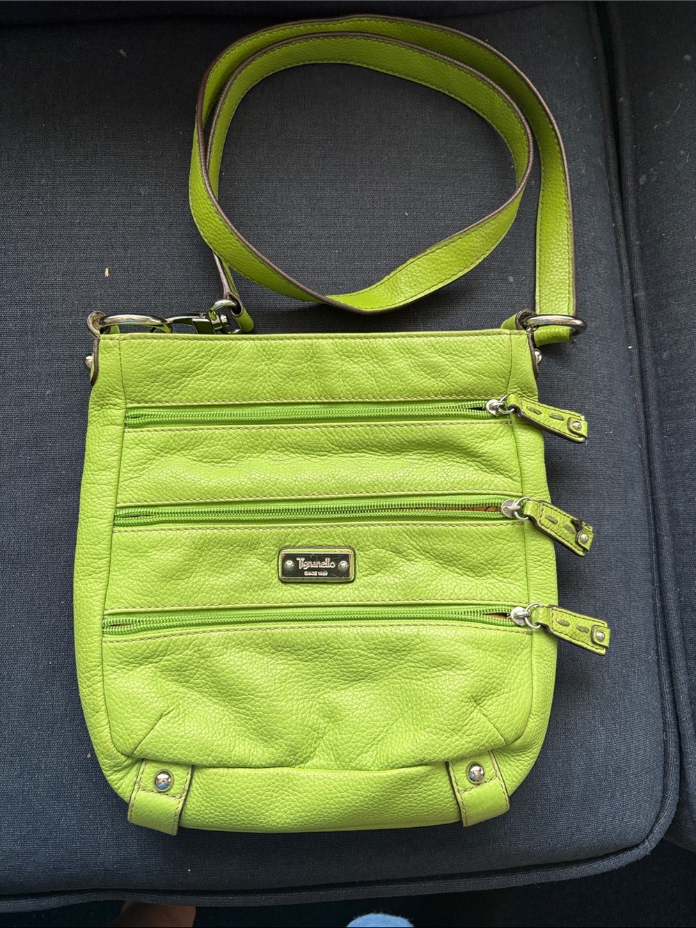 Back to School sale  Tignanello Lime Green Leather Crossbody w/ Triple Zip Front